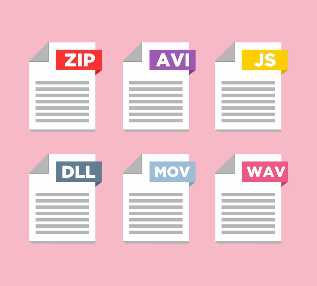 File type icons. Format and extension of documents. Set of pdf, doc, excel, png, jpg, psd, gif, csv, xls, ppt, html, txt and others. Icons for download on computer. Graphic templates for ui vector