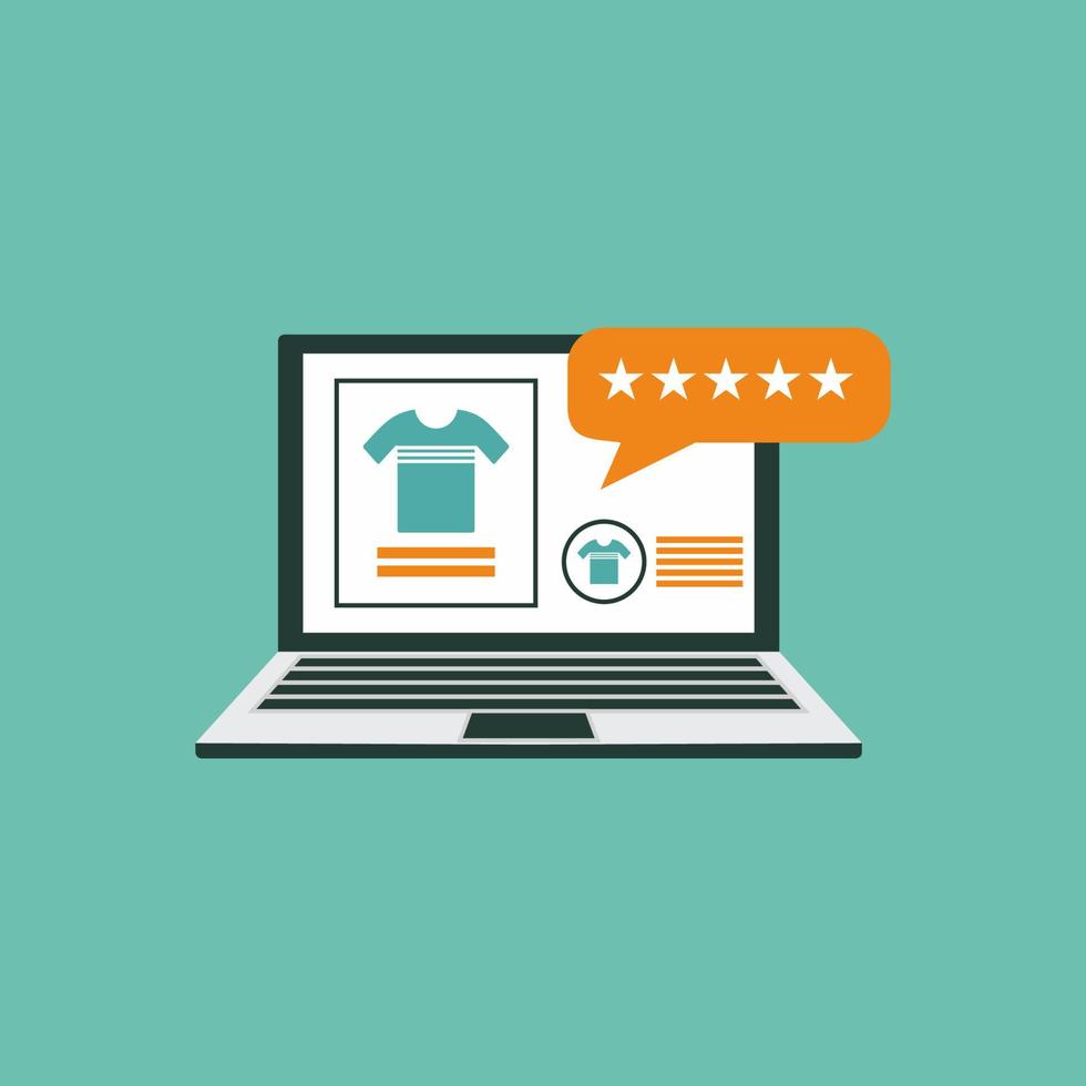 Five stars customer product rating review for product store website on labtop. Vector illustration flat design style.
