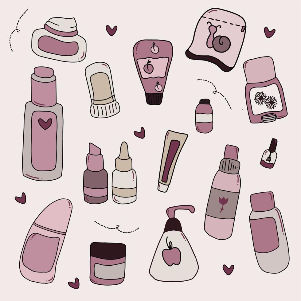 Set of different hand drawn beauty skin care products with purple colour vector