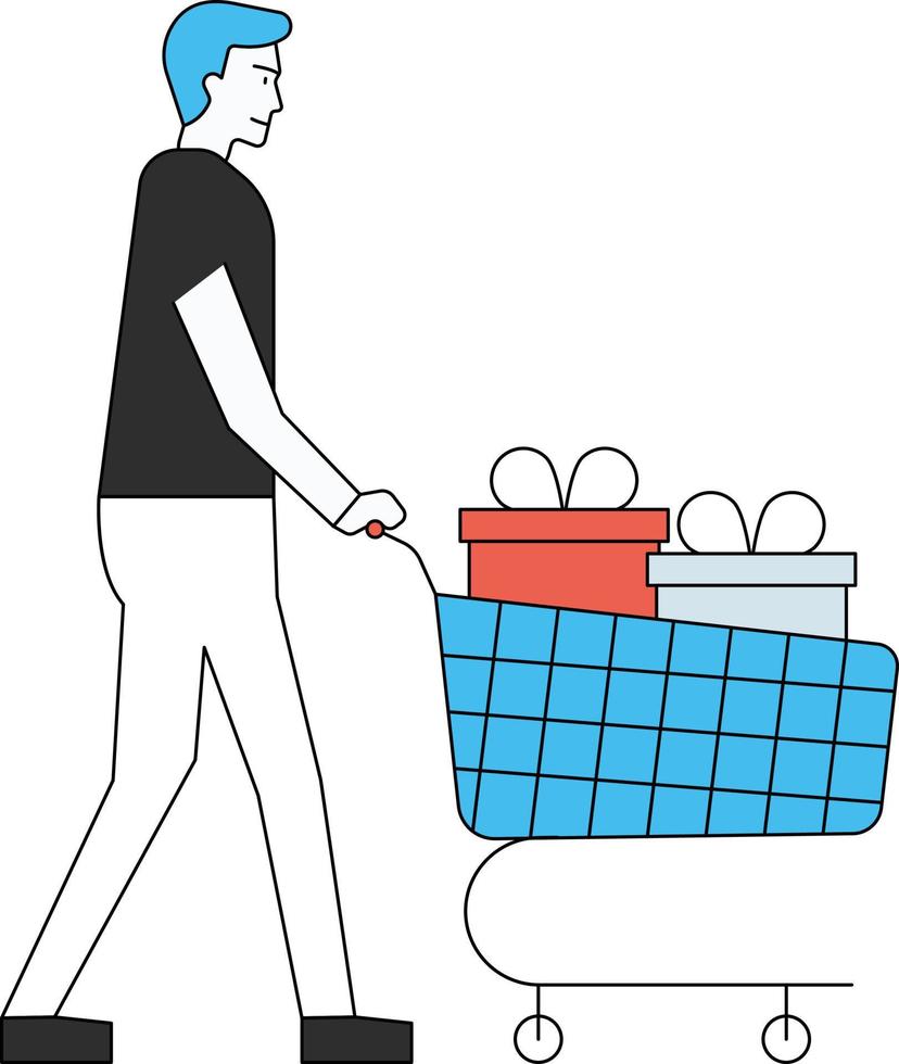 The boy is walking with the shopping trolley. vector