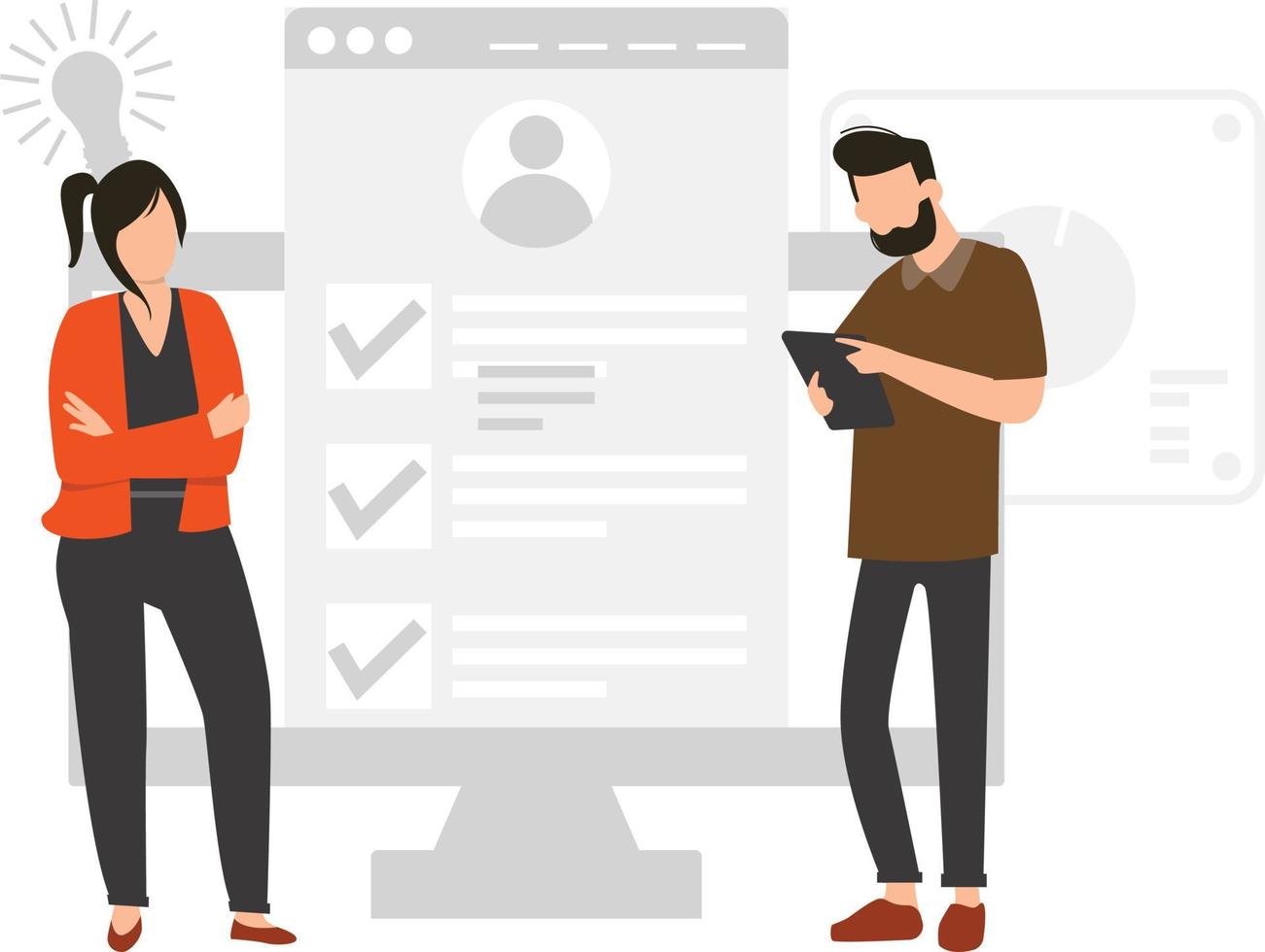 Boy and girl checking user file list. vector