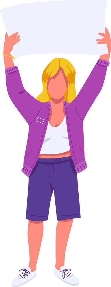 Female activist with placard semi flat color vector character