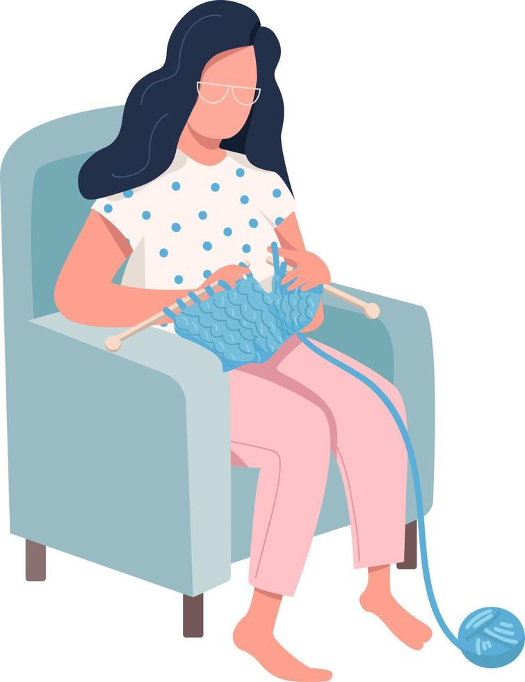 Woman knitting in armchair semi flat color vector character