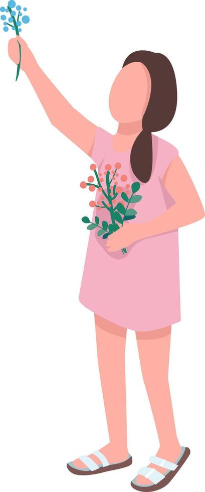 niña recogiendo flores para presionar el carácter vectorial de color semiplano vector