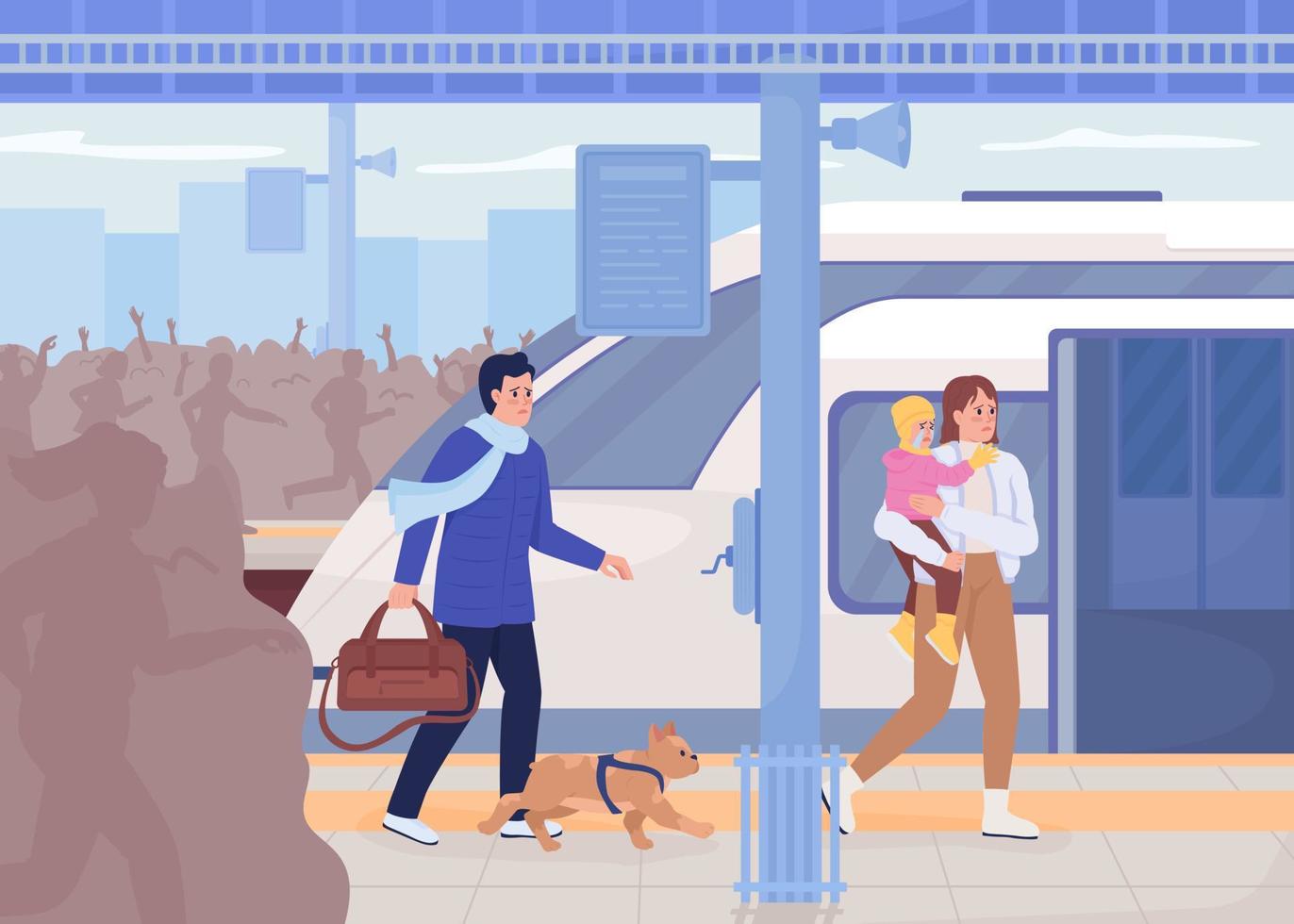 Frightened family with dog running to evacuation train flat color vector illustration