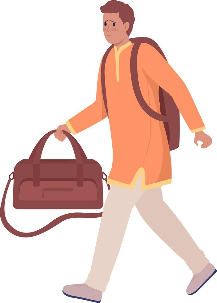 Male asylum-seeker with luggage and backpack semi flat color vector character