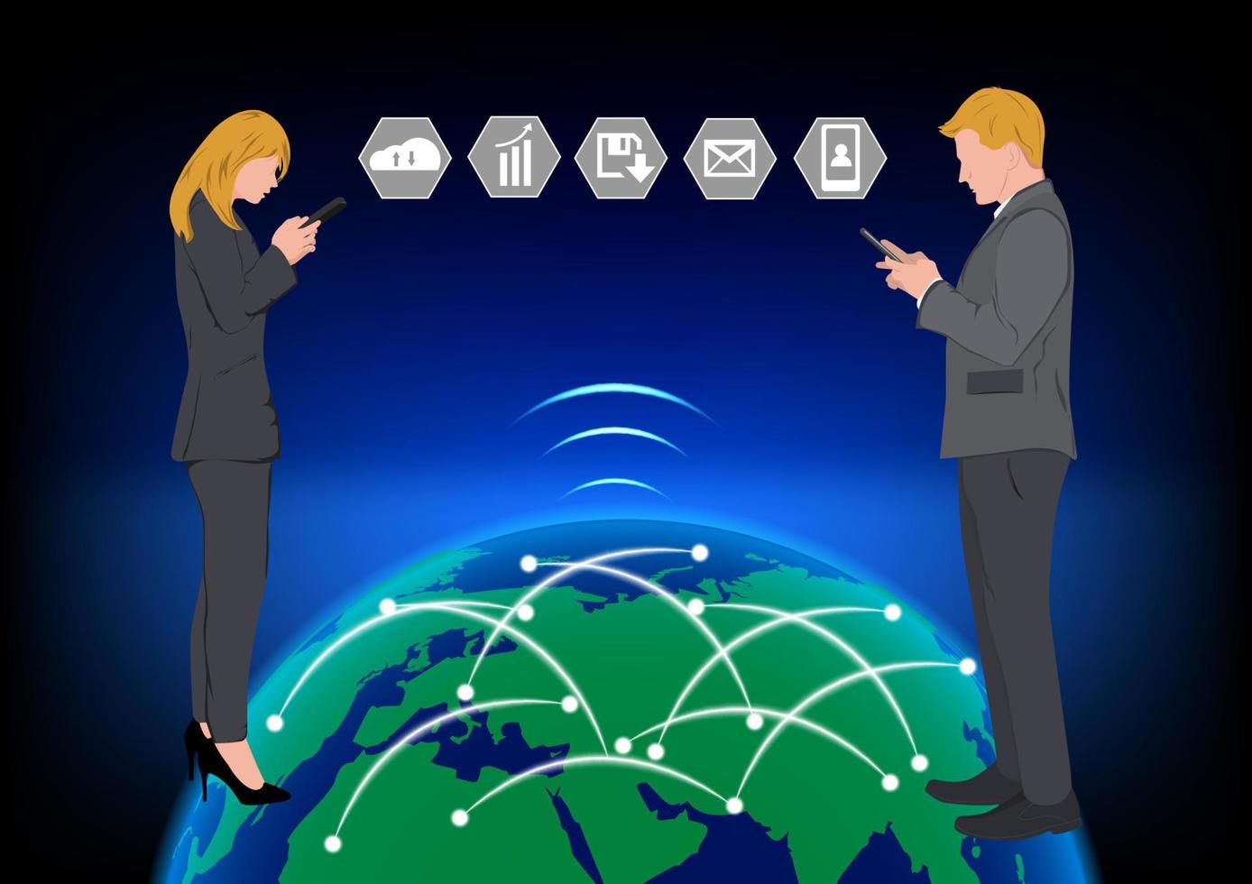 Business woman and man standing and using smartphone for connection by technology, concept Anytime Anywhere connection to Global network vector illustration