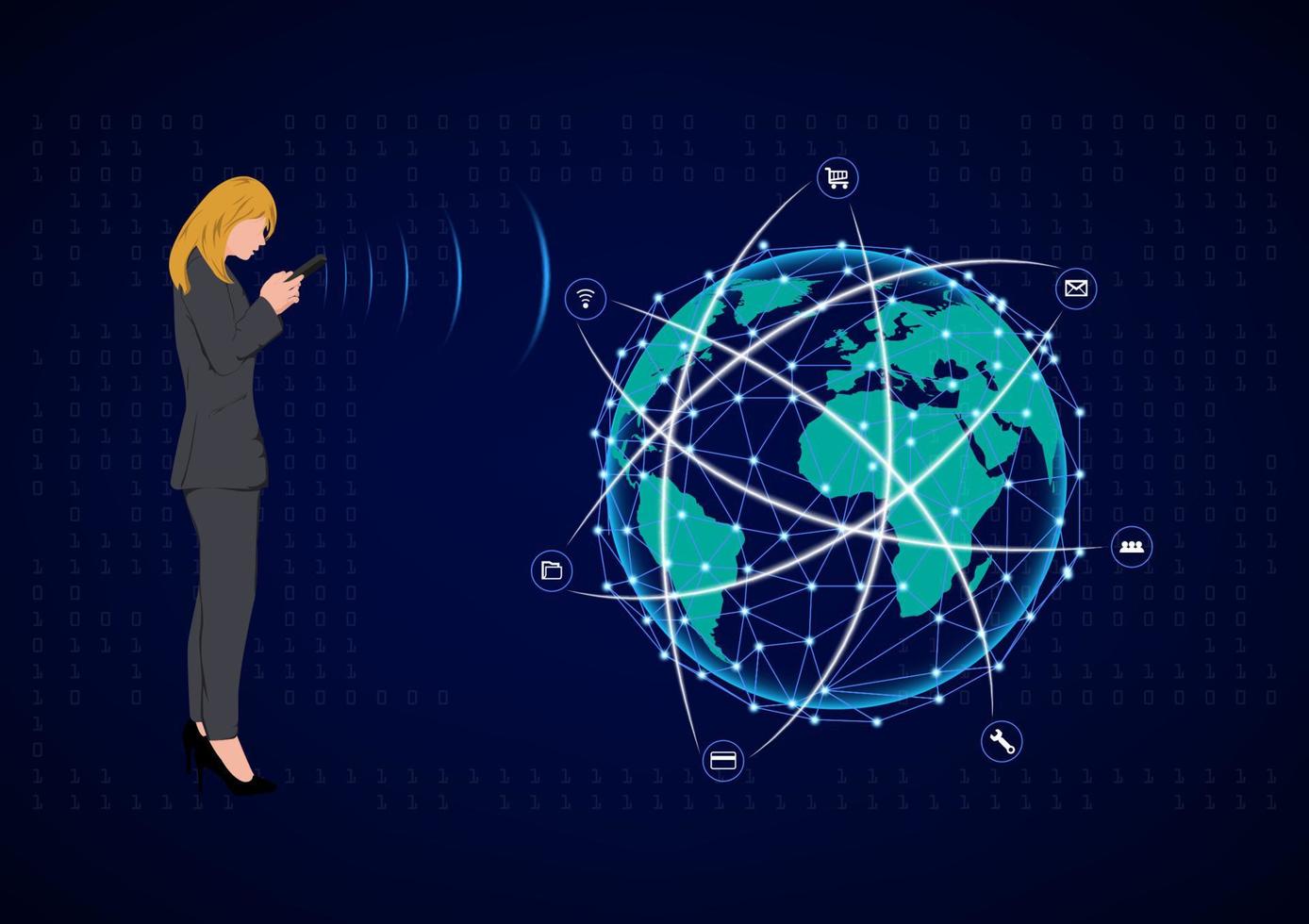 mujer de negocios de pie y usando un teléfono inteligente para la conexión por tecnología, concepto en cualquier momento en cualquier lugar conexión a la ilustración de vector de red global