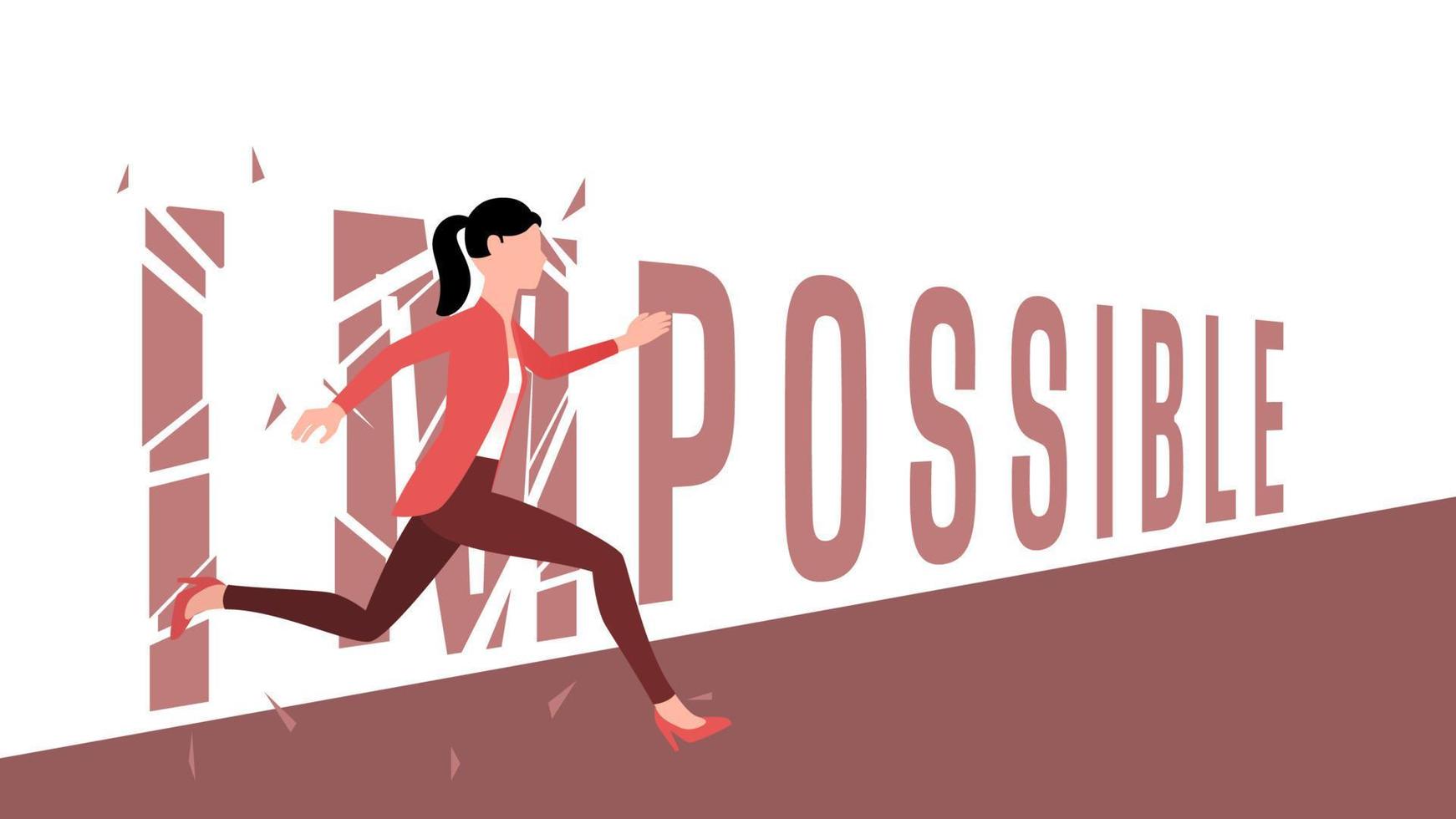 woman breaking the word Impossible. motivational character illustration, startup business character vector illustration.