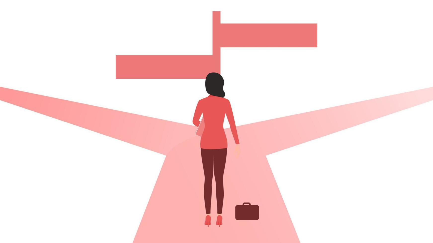 woman on cross road with sign board. decision making character illustration, startup business character vector illustration.