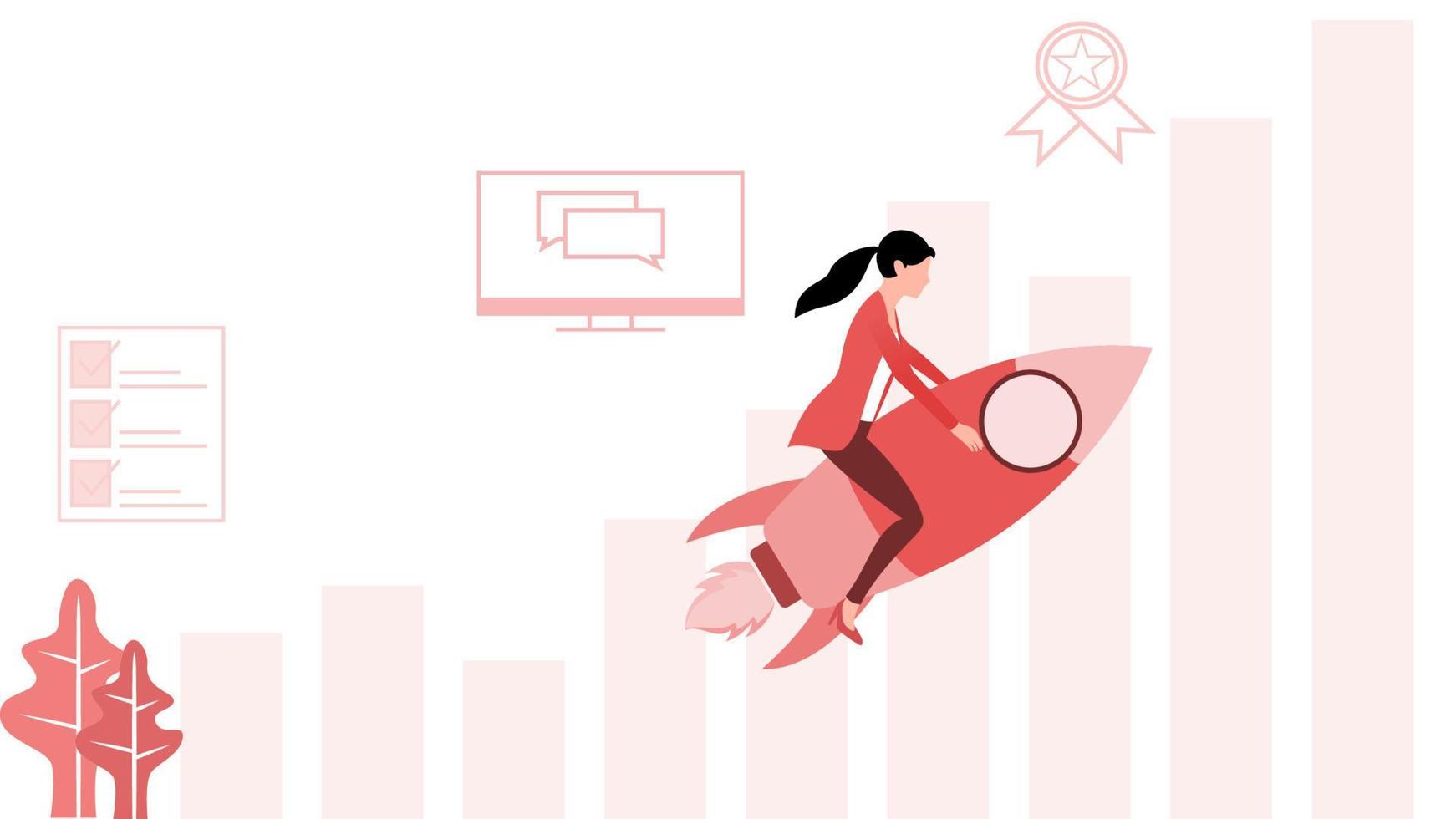 business woman on rocket, boost start, start up business character vector illustration on white background.