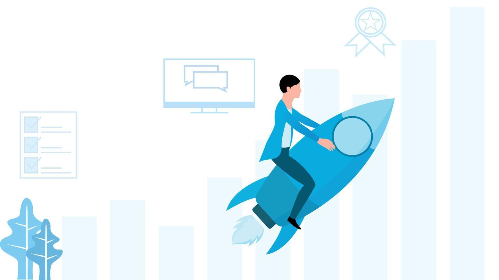 business man on rocket, boost start, start up business character vector illustration on white background.