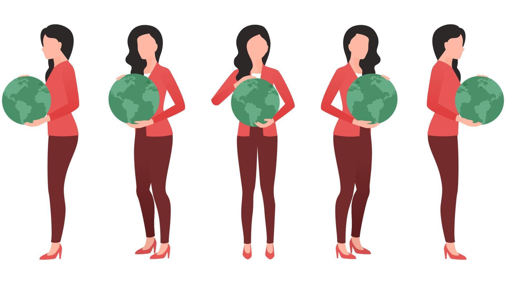 Woman holding globe in hand, character vector drawn from multiple angles.