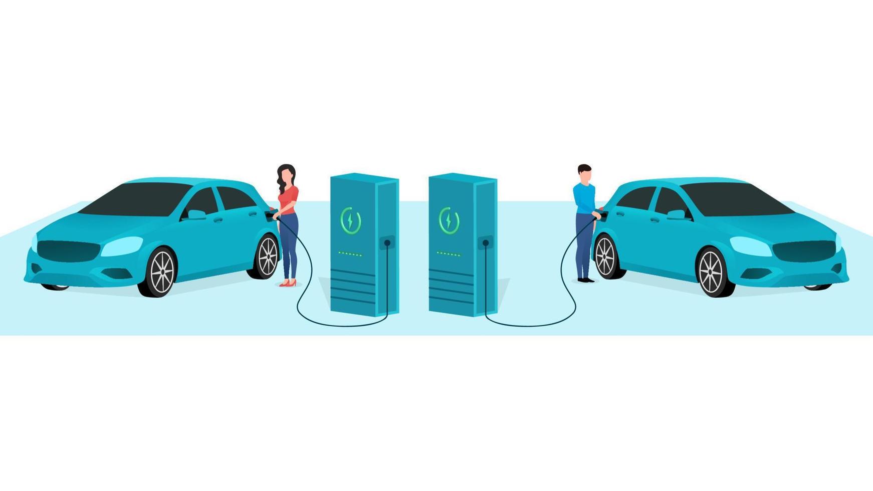 man and woman charging car at electric vehicle charging station, vehicle at EV charge Point, business character vector illustration on white background.