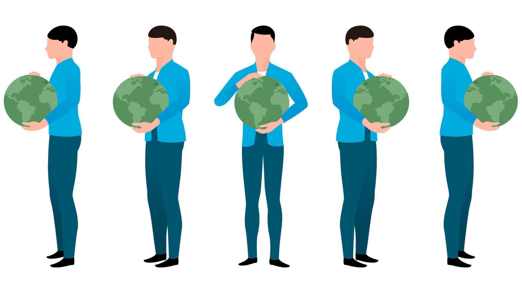 Man holding globe in hand, character vector drawn from multiple angles.