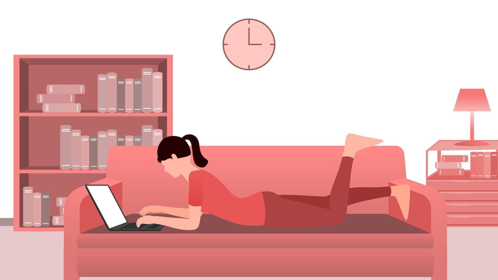 Woman using laptop on sofa vector