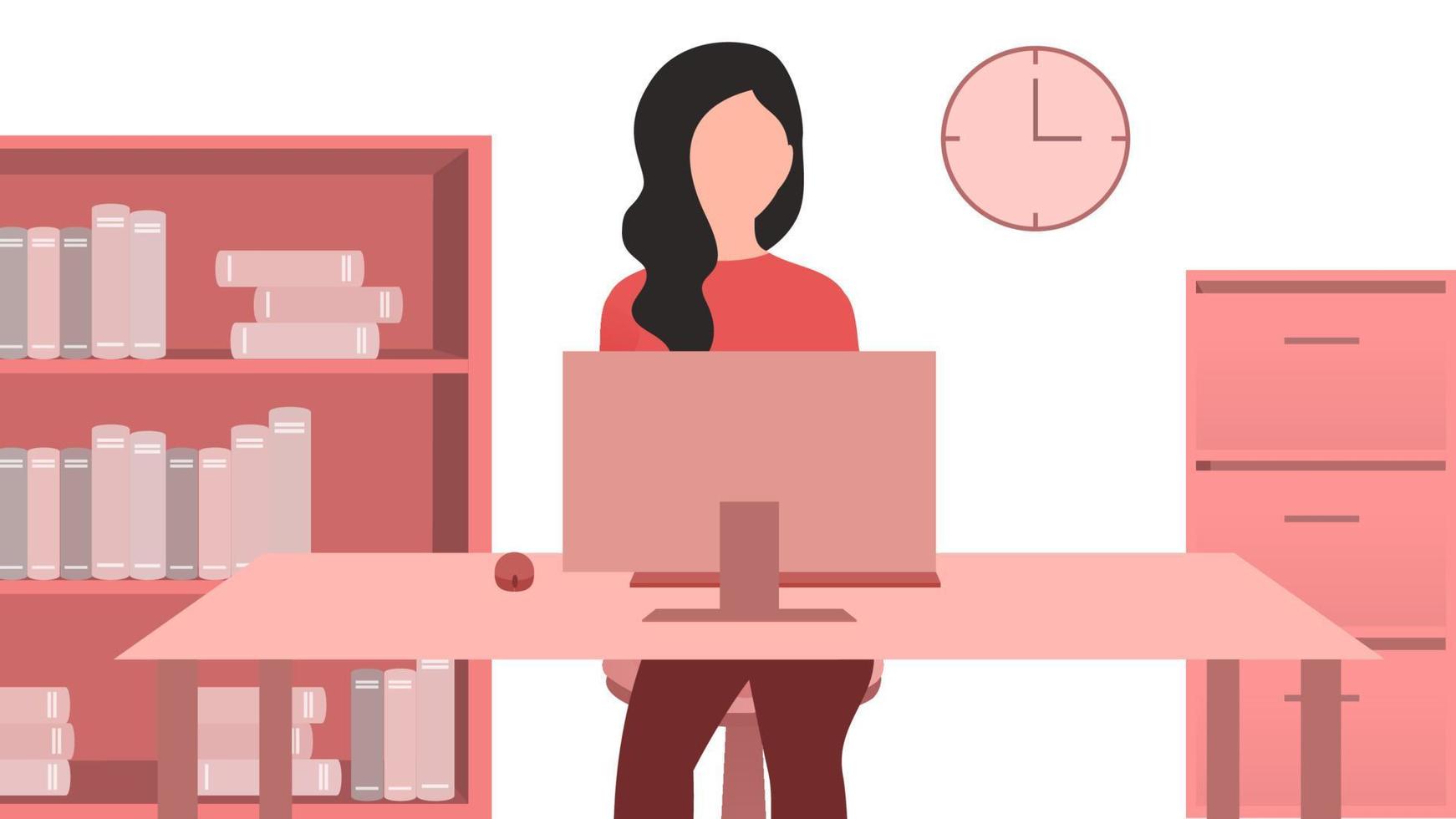 Woman using desk pc front vector