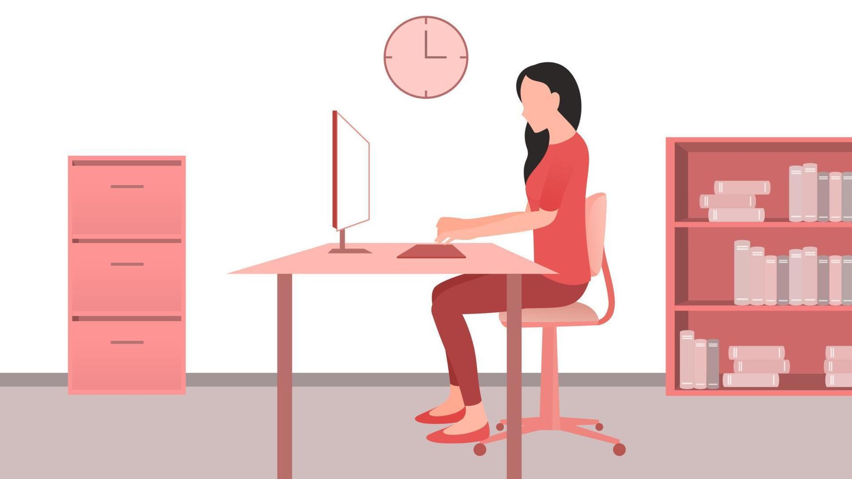 Woman using desk pc side vector