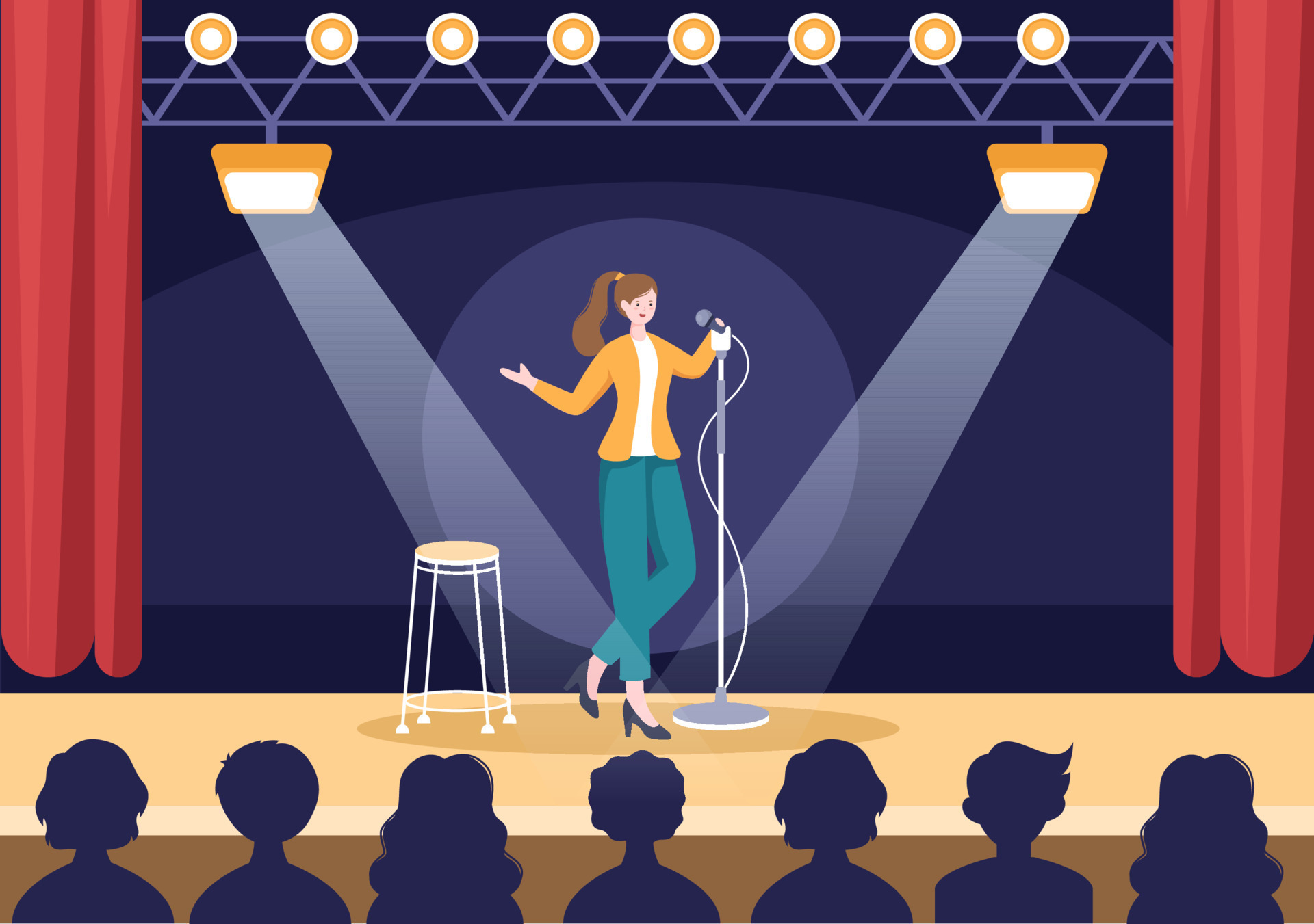 Stand Up Comedy Show Theater Scene with Red Curtains and Open Microphone to  Comedian Performing on Stage in Flat Style Cartoon Illustration 7213447  Vector Art at Vecteezy