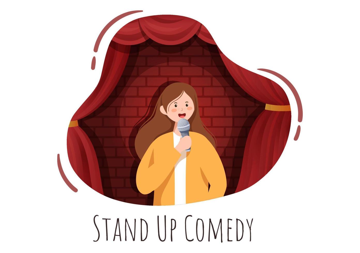 espectáculo de comedia stand up escena teatral con cortinas rojas y micrófono abierto para comediante actuando en el escenario en ilustración de dibujos animados de estilo plano vector