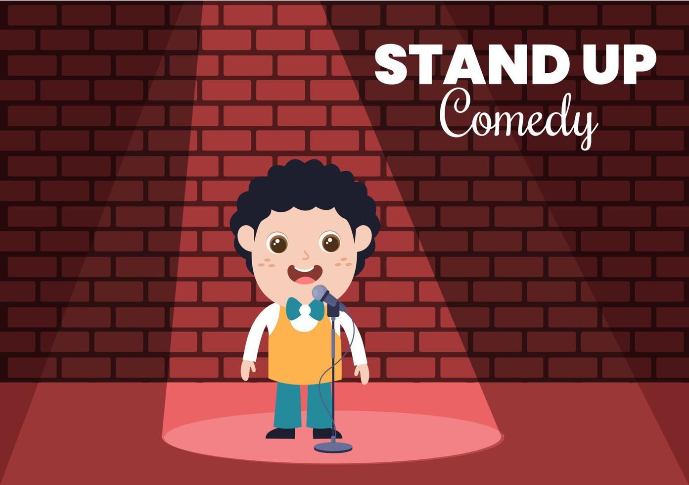 espectáculo de comedia stand up escena teatral con cortinas rojas y micrófono abierto para comediante actuando en el escenario en ilustración de dibujos animados de estilo plano vector