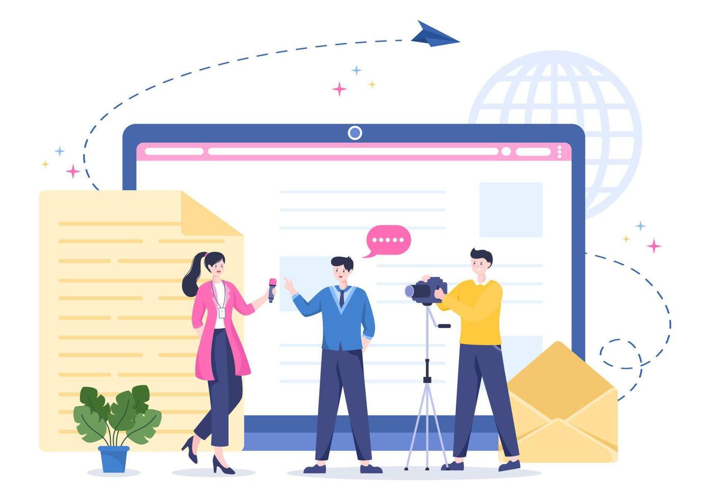 Journalism or Social Broadcasting with Equipment, News, Microphones, Reporter and Interview Speech Media Event in Flat Style Cartoon Illustration vector