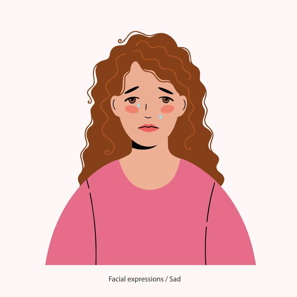 Expression on the face of a pretty curly-haired girl - sad. Girl is crying vector
