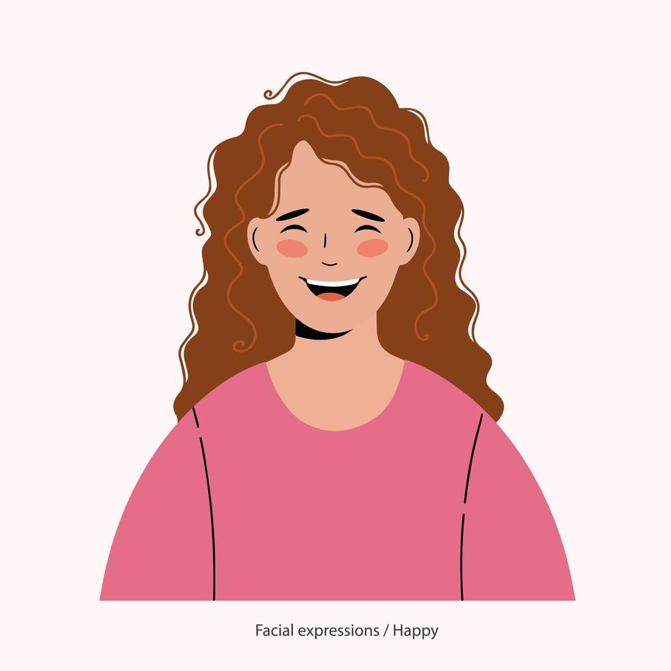 Expression on the face of a pretty curly-haired girl - happy vector