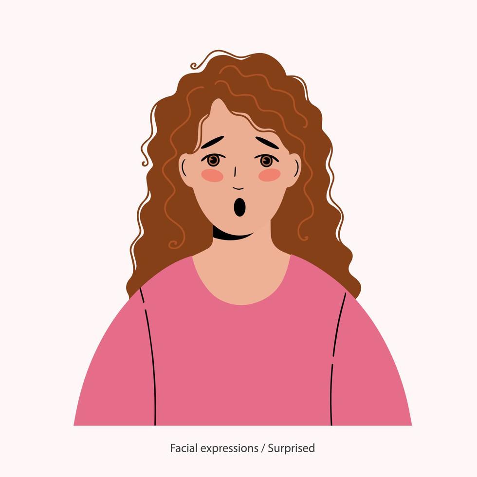 Expression on the face of a pretty curly-haired girl - surprise vector
