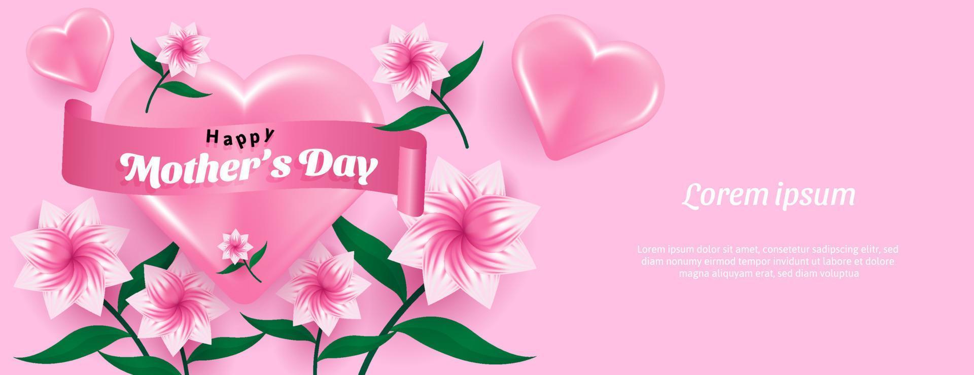 fondo realista de la pancarta del día de la madre en color rosa con corazón y flor. ilustración vectorial vector