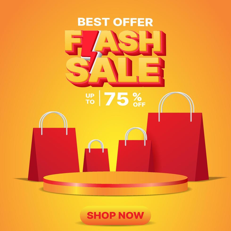 3d Flash sale banner design template with podium and shopping bag vector