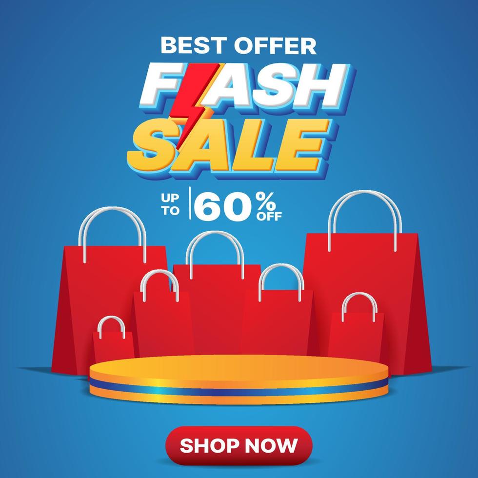 3d Flash sale banner design template with podium and shopping bag vector