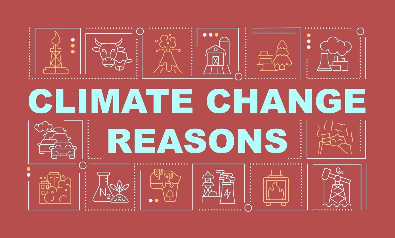 Climate change reasons word concepts red banner. Global warming. Infographics with linear icons on background. Isolated typography. Vector color illustration with text. Arial-Black font used