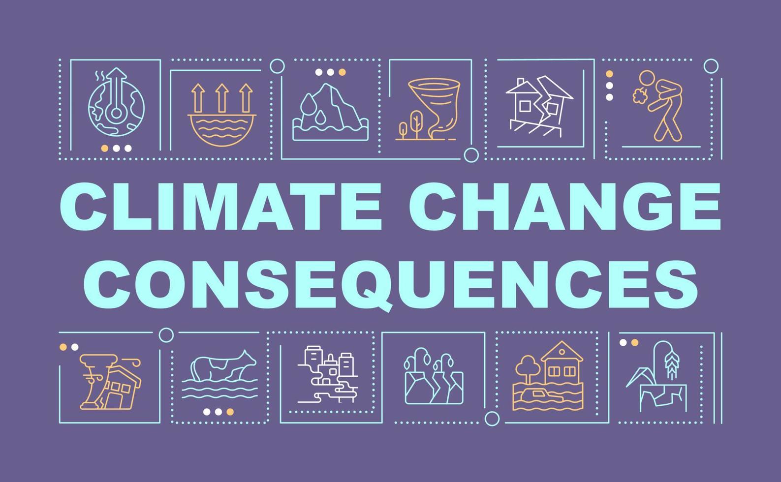 Climate change consequences word concepts dark purple banner. Infographics with linear icons on background. Isolated typography. Vector color illustration with text. Arial-Black font used