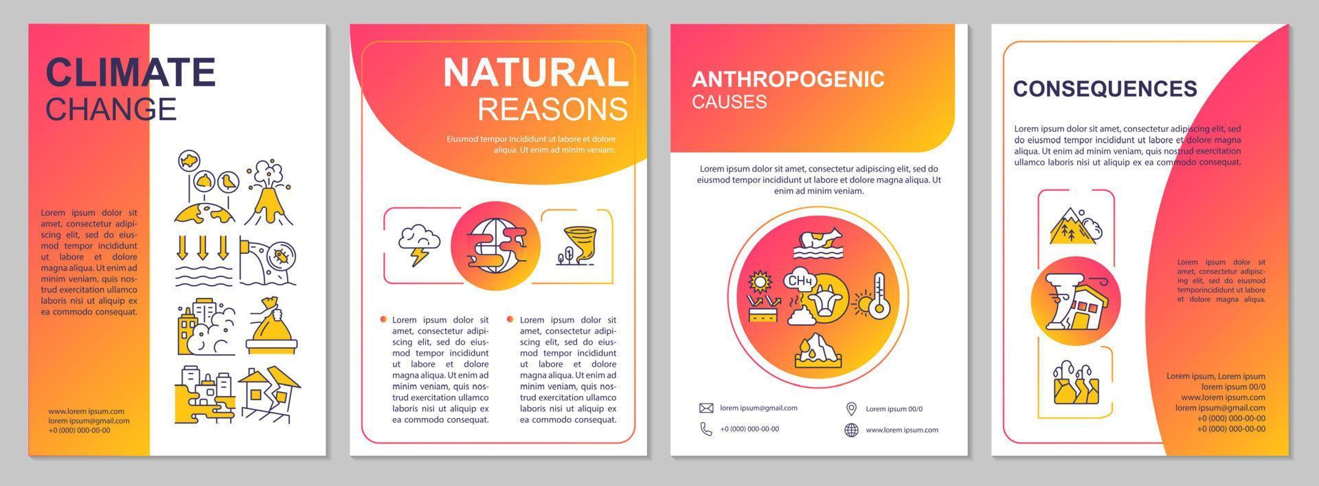 Climate change red gradient brochure template. Booklet print design with linear icons. Vector layouts for presentation, annual reports, ads. Arial-Black, Myriad Pro-Regular fonts used