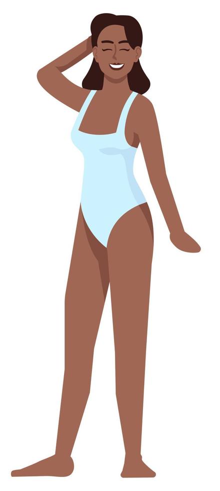 Smiling female model posing in swimsuit semi flat RGB color vector illustration. Self-acceptance. Person promoting body positivity approach isolated cartoon character on white background