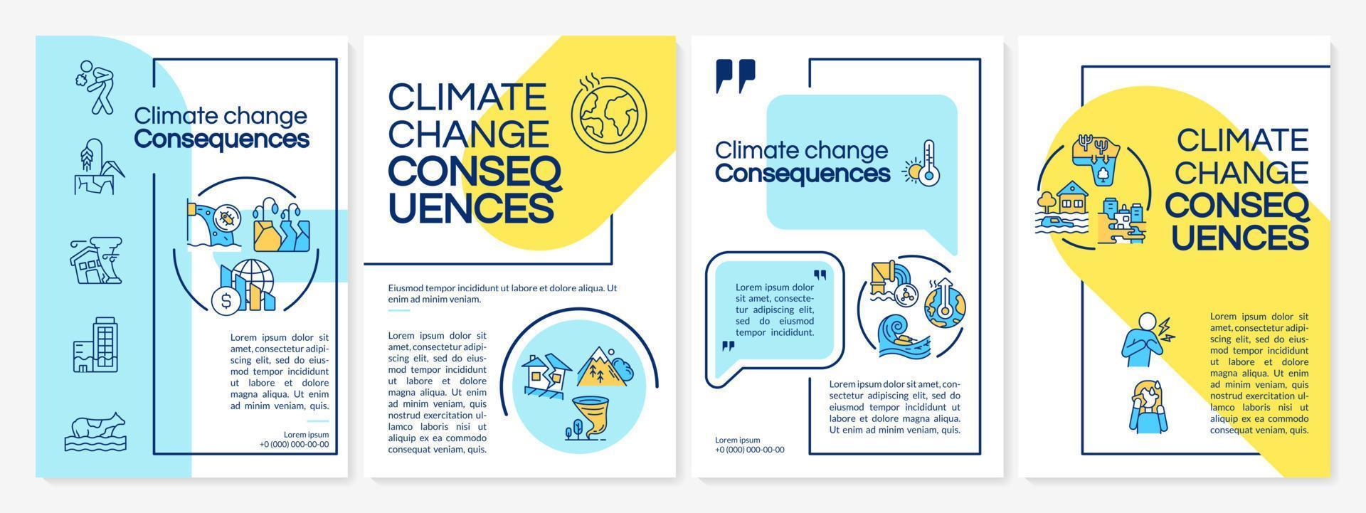 Climate change consequences blue and yellow brochure template. Booklet print design with linear icons. Vector layouts for presentation, annual reports, ads. Questrial, Lato-Regular fonts used