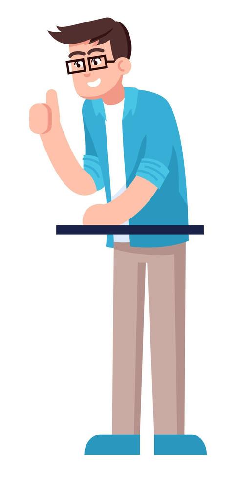 Smiling guy with glasses raising thumb up semi flat RGB color vector illustration. Standing figure. Man providing support and approval isolated cartoon character on white background