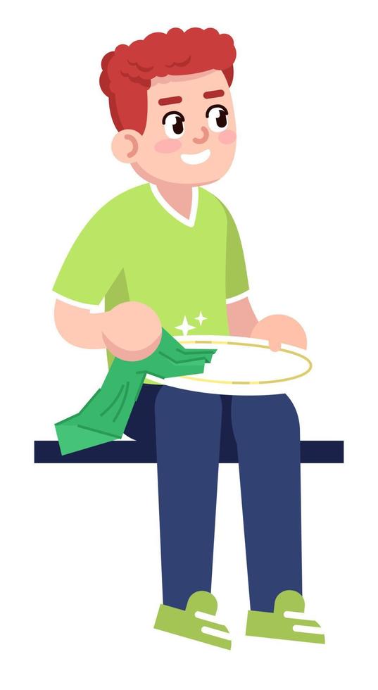 Red haired boy cleaning plate with cloth semi flat RGB color vector illustration. Sitting figure. Washing dishes. Household chores for kid isolated cartoon character on white background