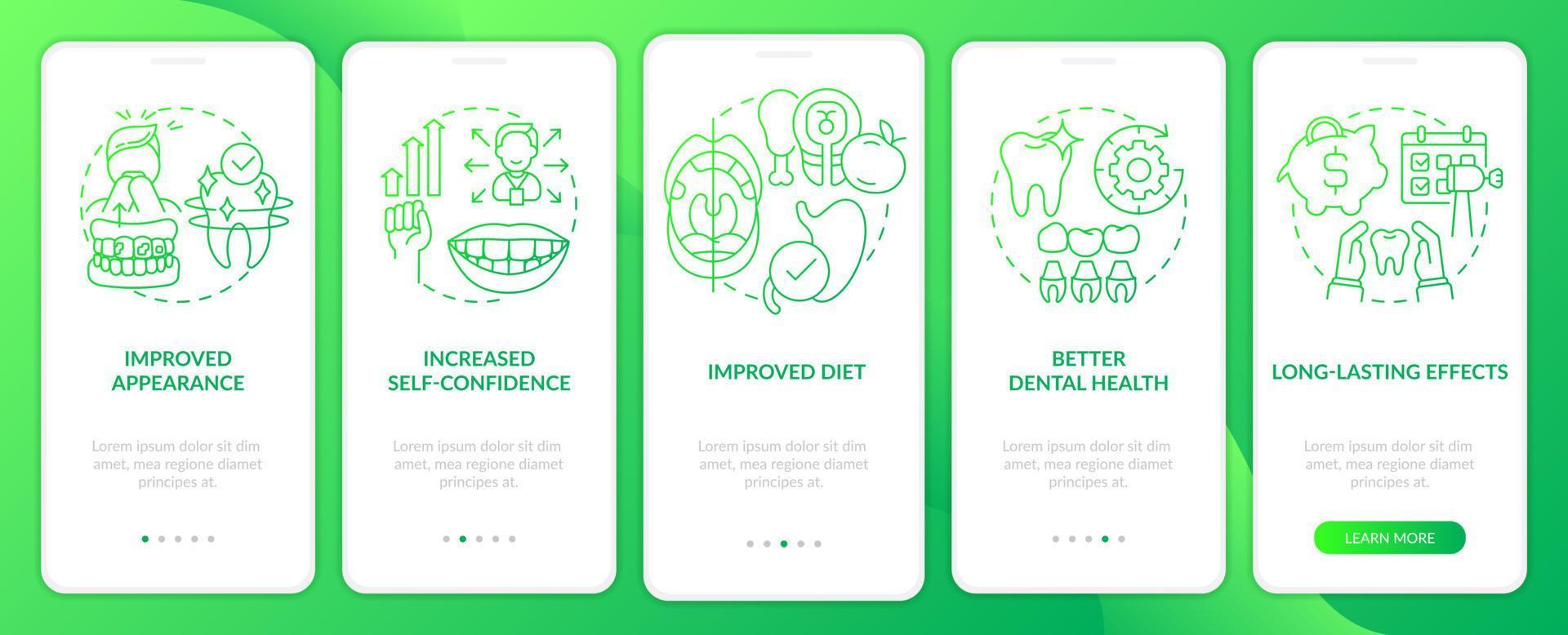 Tooth enhancement benefits green gradient onboarding mobile app screen. Walkthrough 5 steps graphic instructions pages with linear concepts. UI, UX, GUI template. Myriad Pro-Bold, Regular fonts used vector