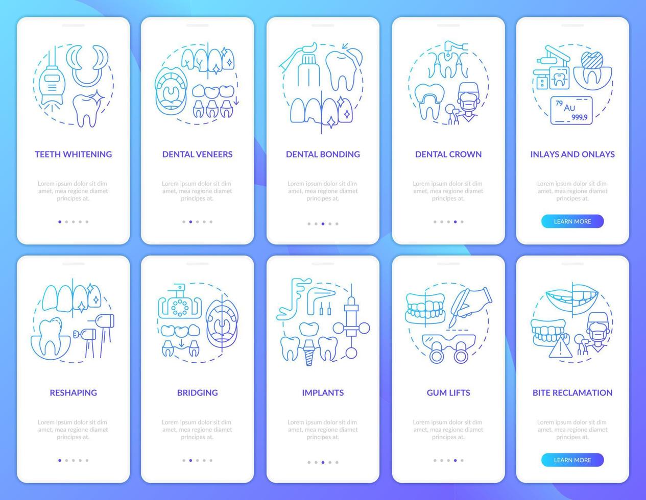 Dental clinic blue gradient onboarding mobile app screen set. Implants walkthrough 5 steps graphic instructions pages with linear concepts. UI, UX, GUI template. Myriad Pro-Bold, Regular fonts used vector