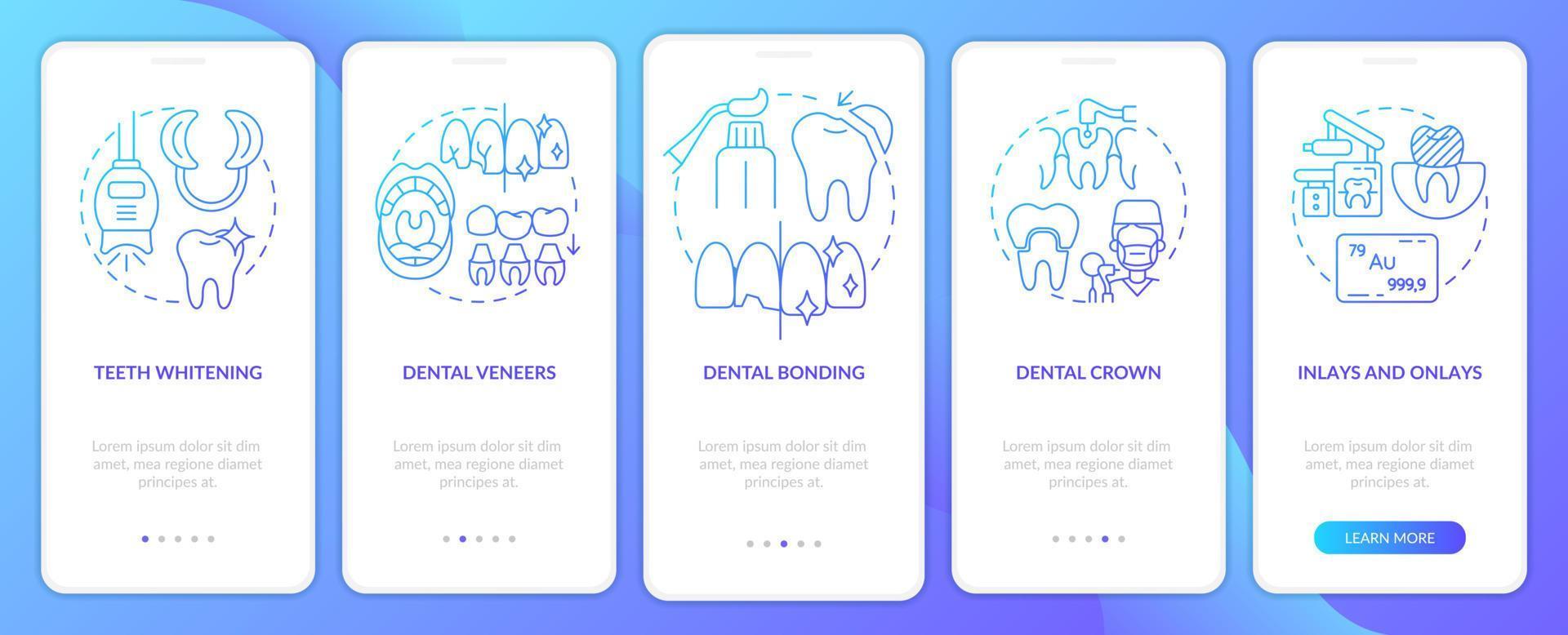 Cosmetic enhancement types blue gradient onboarding mobile app screen. Walkthrough 5 steps graphic instructions pages with linear concepts. UI, UX, GUI template. Myriad Pro-Bold, Regular fonts used vector
