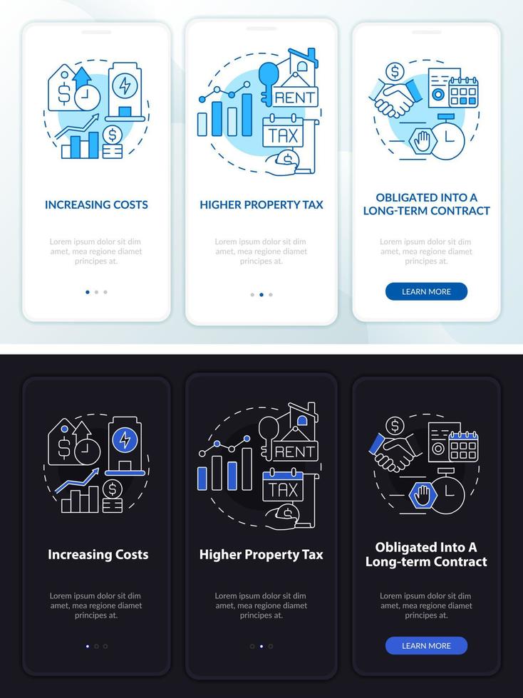 Disadvantages of PPA night and day mode onboarding mobile app screen. Walkthrough 3 steps graphic instructions pages with linear concepts. UI, UX, GUI template. Myriad Pro-Bold, Regular fonts used vector