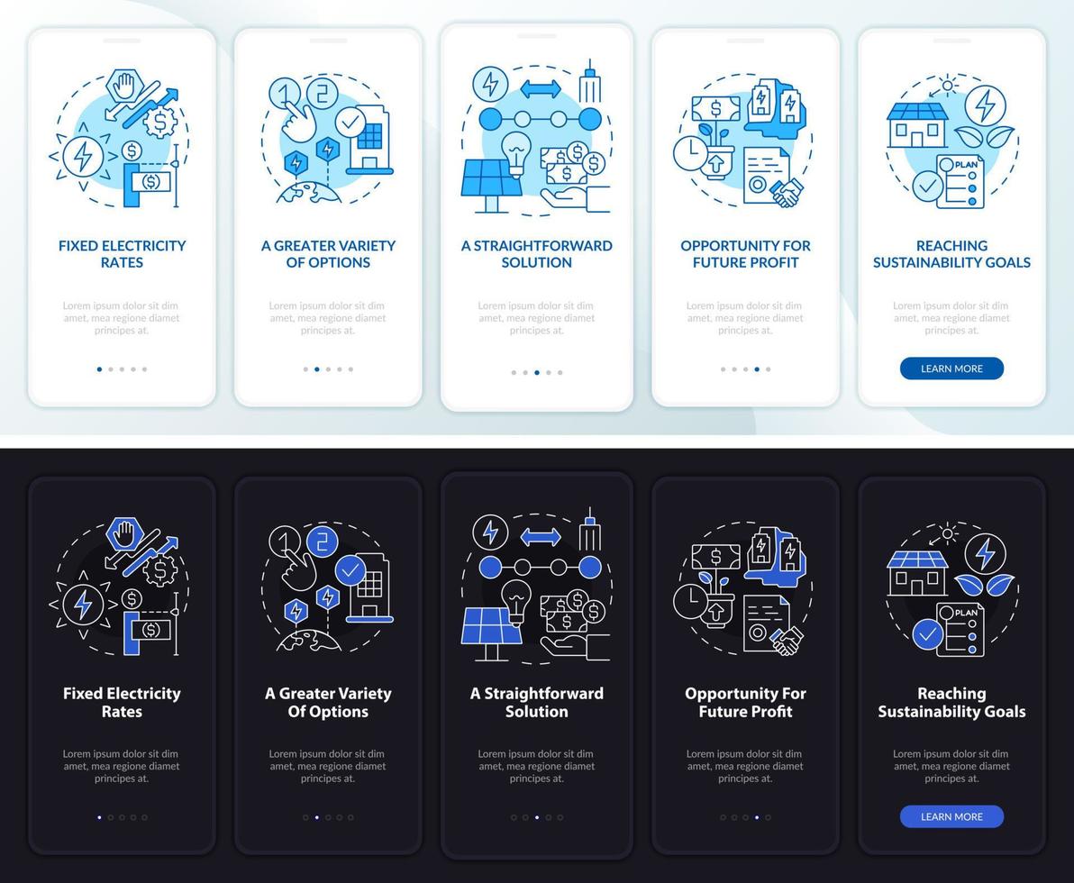 Pros of PPA night and day mode onboarding mobile app screen. Benefits walkthrough 5 steps graphic instructions pages with linear concepts. UI, UX, GUI template. Myriad Pro-Bold, Regular fonts used vector