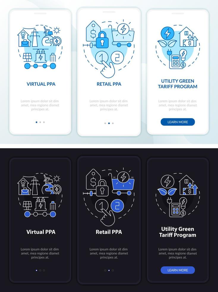 Types of PPA night and day mode onboarding mobile app screen. Agreement walkthrough 3 steps graphic instructions pages with linear concepts. UI, UX, GUI template. Myriad Pro-Bold, Regular fonts used vector
