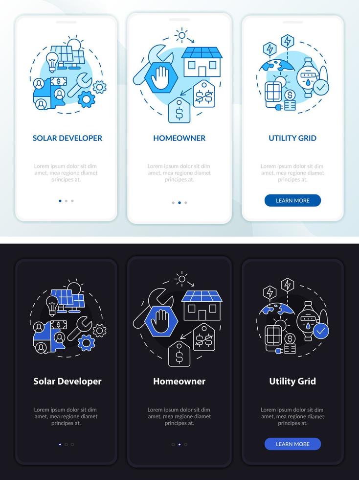 PPA deal night and day mode onboarding mobile app screen. Walkthrough 3 steps graphic instructions pages with linear concepts. UI, UX, GUI template. Myriad Pro-Bold, Regular fonts used vector