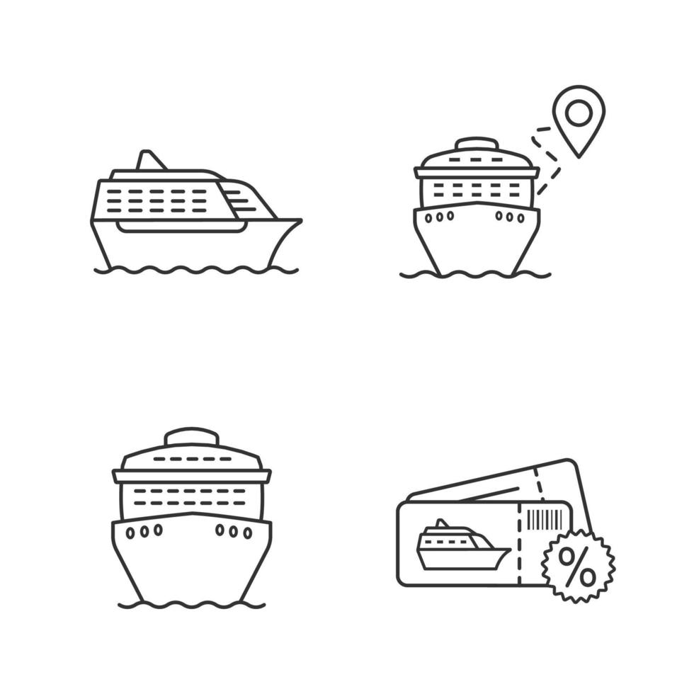 Cruise linear icons set. Summer voyage. Travel agency. Cheap cruise deal, trip route, ships in front and side views. Thin line contour symbols. Isolated vector outline illustrations. Editable stroke