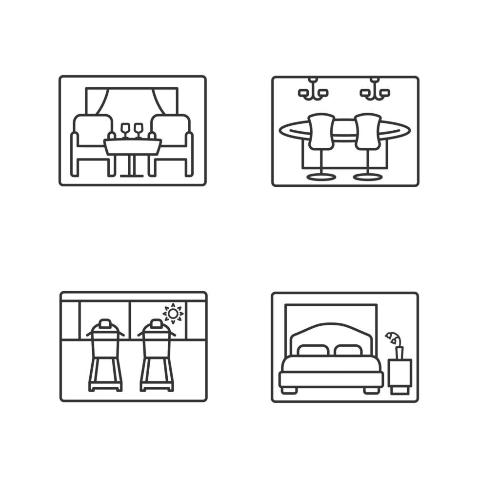 Cruise ship facilities linear icons set. Restaurant, casino, gym, bedroom. Thin line contour symbols. Isolated vector outline illustrations. Editable stroke