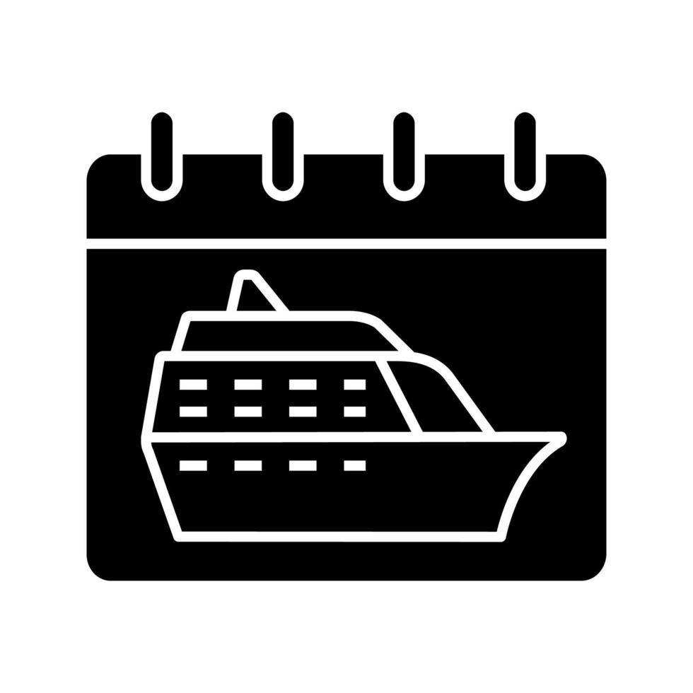 Cruise departure date glyph icon. Vacation cruise. Calendar page with ship. Summer travel, voyage schedule, timetable. Travel itinerary. Silhouette symbol. Negative space. Vector isolated illustration