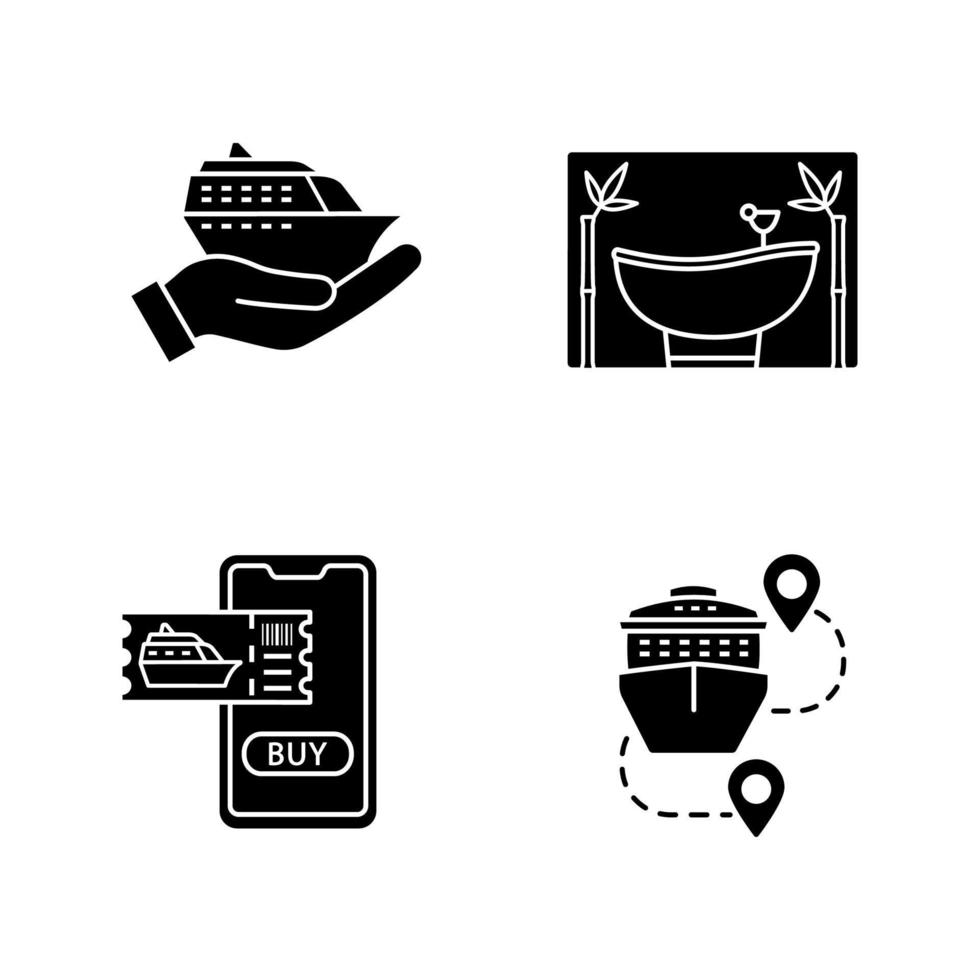 Cruise glyph icons set. Travel agency. Summer voyage. Cruise service, spa salon, trip route, online tickets buying. Silhouette symbols. Vector isolated illustration